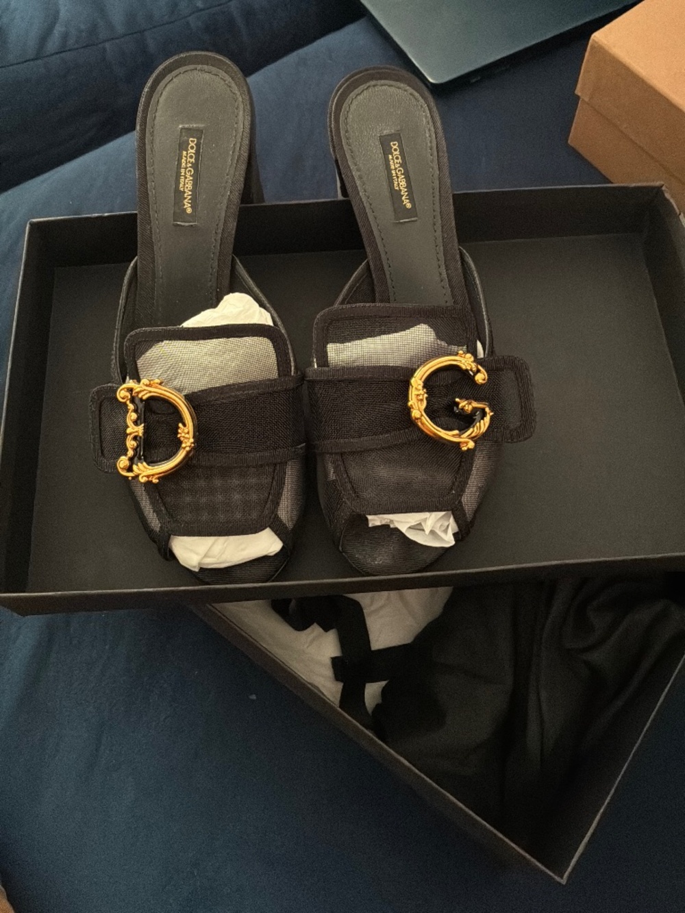 Dolce & Gabbana Black Slide Sandals with Gold Hardware